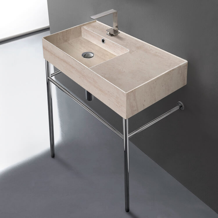 Scarabeo 5115-E-CON-One Hole Beige Travertine Design Ceramic Console Sink and Polished Chrome Stand